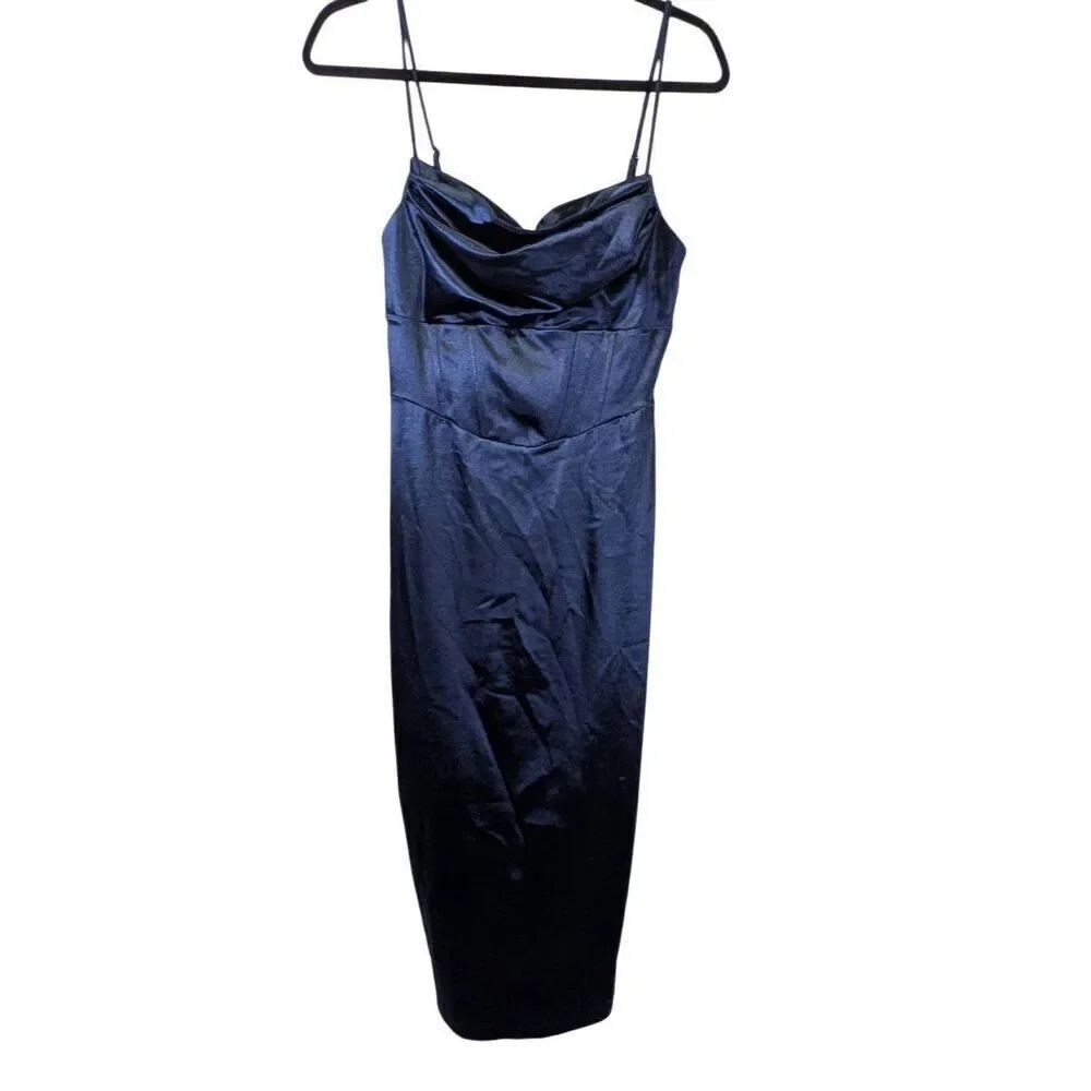 Windsor Navy Draped Cowl Satin Strappy Midi Dress Women's Large